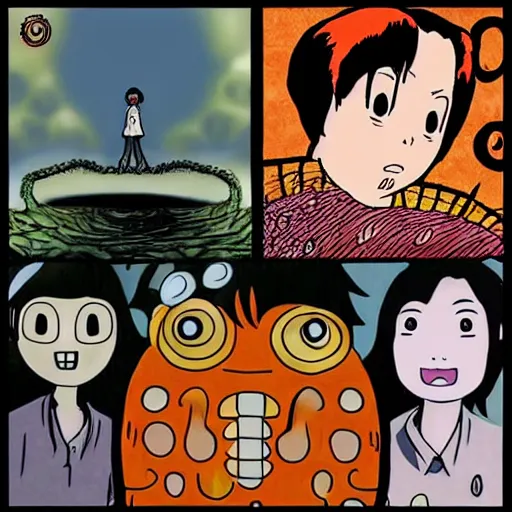 Image similar to junji ito ’ s uzumaki in the style of studio ghibli