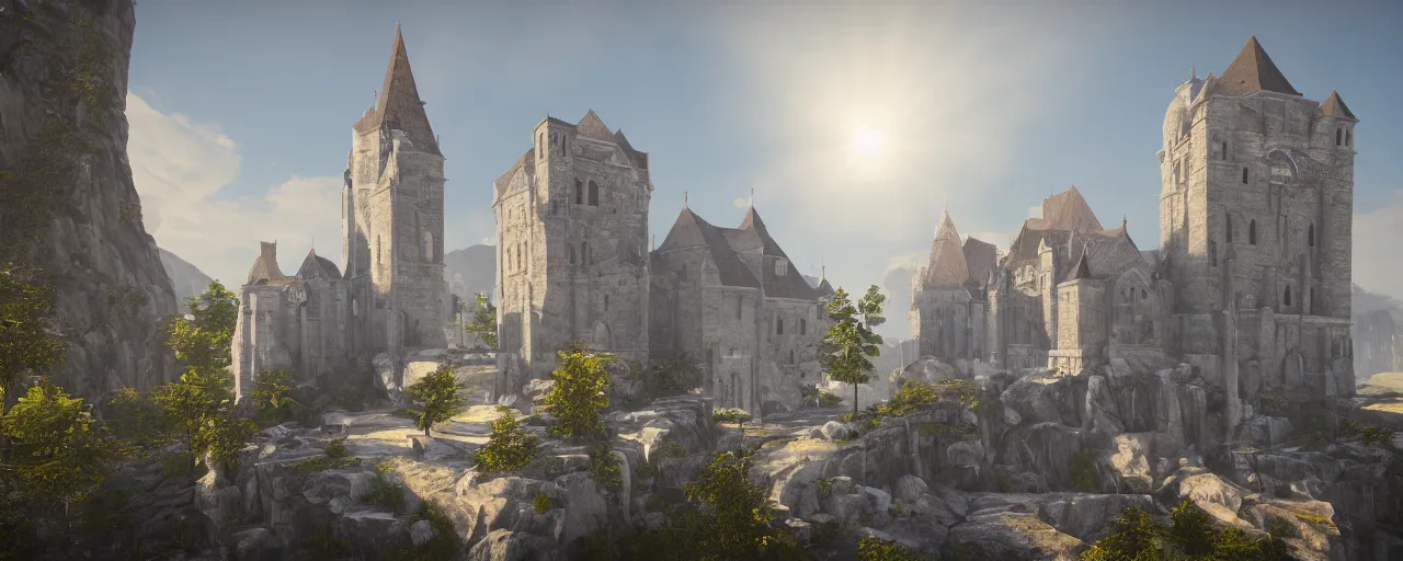 Image similar to white monastery with large tower upon sheer lime cliffs, a ray of sun illuminating, unreal engine 5 render
