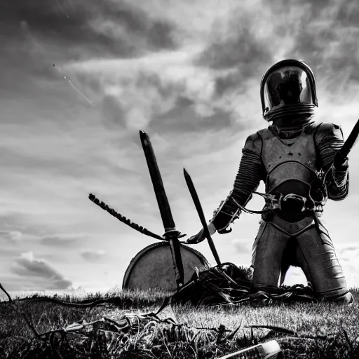 Image similar to wide angle photo of viking wearing space suit helmet and viking armor working on the antigravity gun ancient device, tools and junk on the ground,wires and lights, old village in the distance, vintage old photo, black and white, sepia