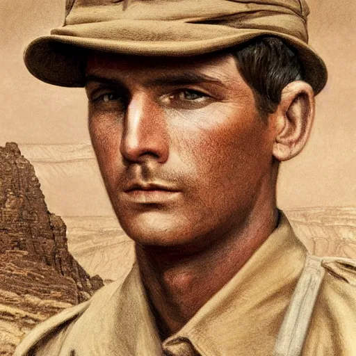 Prompt: a detailed photorealistic sepia - toned color portrait painting of a 1 9 1 7 worried clean - shaven british lieutenant in detailed field gear wearing a finely - detailed pith helmet in wadi rum, ultra realistic, intricate details, atmospheric, dark, horror, brooding, highly detailed, by clyde caldwell