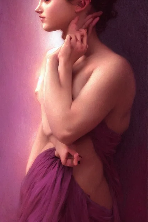 Image similar to Portrait of Amy Rose by bouguereau, abstract purple lighting, intricate, elegant, somber, highly detailed, oil painting, smooth, sharp focus, illustration, art by artgerm and greg rutkowski and zdislav beksinski