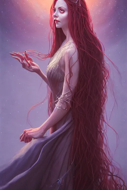 Prompt: portrait of a female wizard in flowing sensual dress, long flowing hair, delicate, looking at camera, slightly smiling, realistic face, stylish, elegant, grimdark fantasy, extremely detailed painting inspired by Gerald Brom and Simon Stalenhag, studio lighting