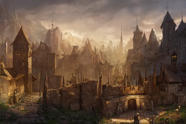 Prompt: A beautiful medieval settlement, iron ,iron, iron, fantasy, D&D, concept art, sharp focus, trending on artstation, digital painting, midday, sunny, beautiful