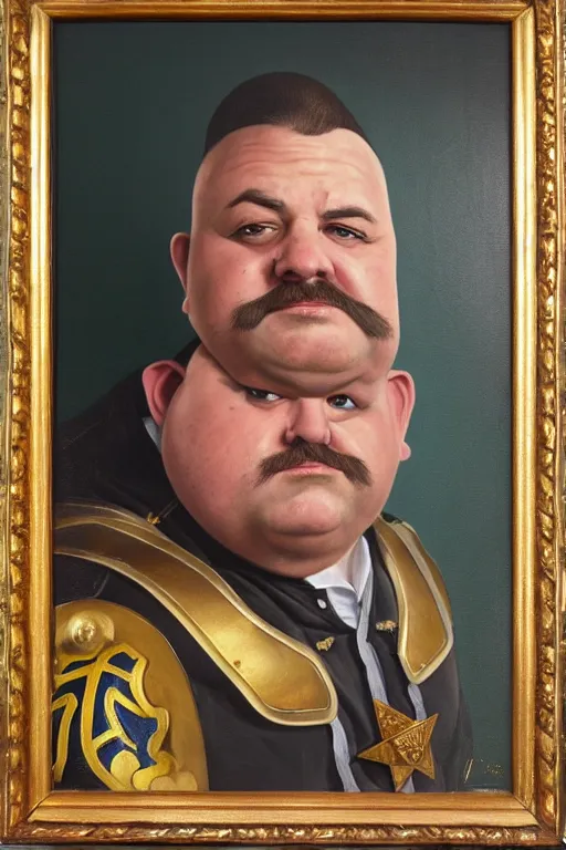 Image similar to high elf mall cop with a sheriff's badge that is fat, shifty, and incompetent, portrait from the chest up, Oil Painting, hyper realistic, dutch golden age, 3/4 bust