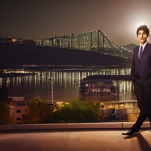 Prompt: a still of Justin Trudeau. He's wearing a dark suit. Studio lighting, Close. shallow depth of field. Professional photography City at night in background, lights, colors,4K