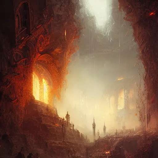 Prompt: Humans seeing the light of god with Death blocking the view, overgrown ruins, billowing smoke, embers, hyperdetailed, artstation, cgsociety, by greg rutkowski, by Gustave Dore