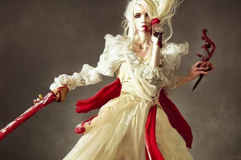 Image similar to a vampire with long light white hair and a red scarf, windy, ribbons, melancholic, modern maximalist harlequin fashion dress, is ( ( holding a golden sword ) ). light dust, magnificent, hyperdetailed, theatrical, painted by jean honore fragonard and greg rutkowski