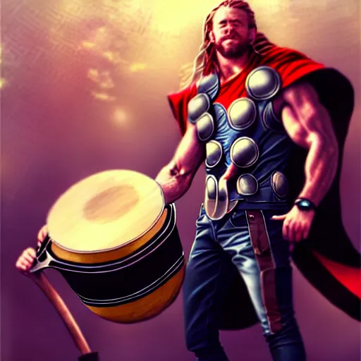 Image similar to thor playing the bongos, comic style by guweiz and stanley artgerm, extremely high quality artwork, very detailed, trending on artstation