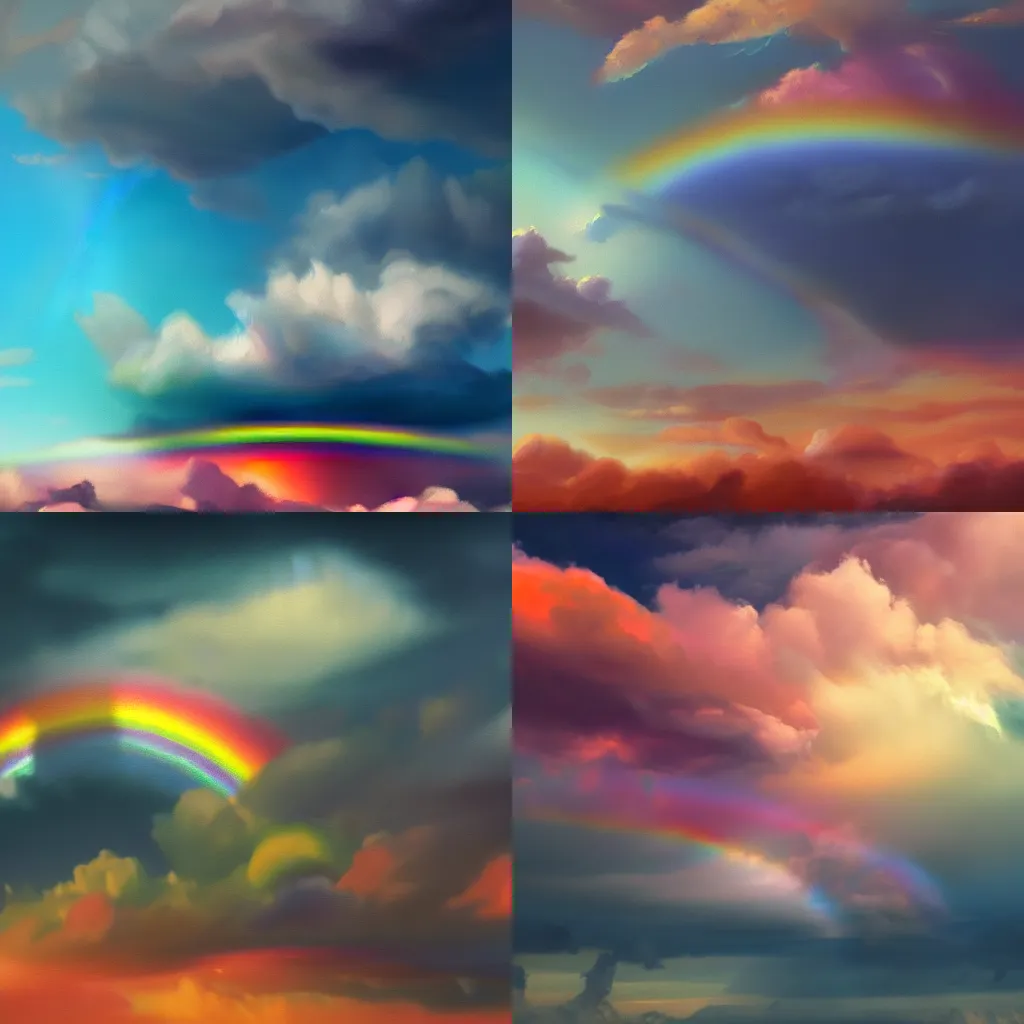 Prompt: beautiful rainbow clouds, oil painting, concept art, trending on artstation, octane render, 8k, detailed