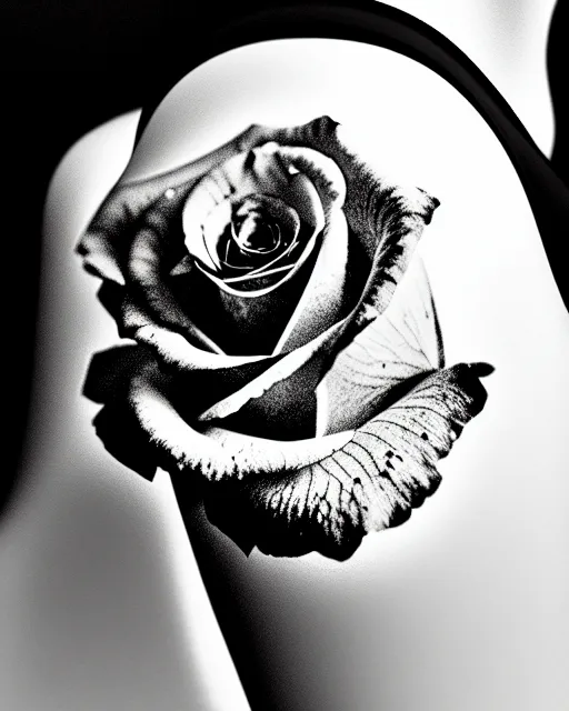 Image similar to black and white dreamy spiritual rose - fish - cyborg high quality portrait photo, microchip leaves, artificial intelligence, cinematic, rim light, photo - realistic, elegant, high detail, 8 k, masterpiece, high fashion