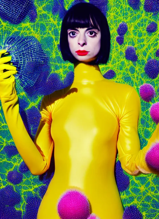 Prompt: hyper render - kawaii portrait ( astronaut suit, chrome, porcelain forcefield, looks like krysten ritter ) eating in network yellowcake aerochrome berry and her delicate hands hold gossamer polyp fungal flowers dress, ryden
