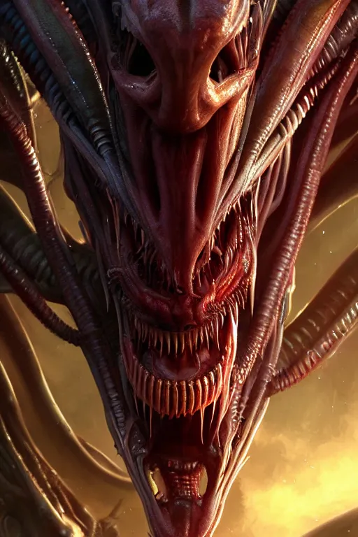 Prompt: demon alien xenomorph screaming, close - up portrait, intricate, elegant, volumetric lighting, scenery, digital painting, highly detailed, artstation, sharp focus, illustration, concept art, luis rollo, ruan jia, steve mccurry, john berkey