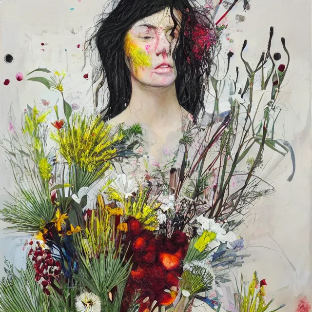 Image similar to “ a portrait in a female art student ’ s apartment, australian wildflowers, sensual, queer woman, flax, flannel flower, bottlebrush, eucalyptus, art supplies, a candle dripping white wax, clay, squashed berries, berry juice drips, acrylic and spray paint and oilstick on canvas, surrealism, neoexpressionism ”