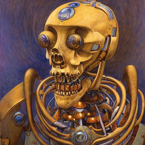 Image similar to grieving robot wearing the bone crown, by Annie Swynnerton and Diego Rivera , symbolist, dramatic lighting, elaborate geometric ornament, Art Brut, soft cool colors,smooth, sharp focus, extremely detailed, Adolf Wölfli and (Donato Giancola)