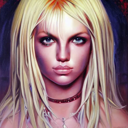 Image similar to detailed portrait of emo britney spears anime intricate, hyper detailed, realistic, oil painting, by julie bell, frank frazetta, cinematic lighting