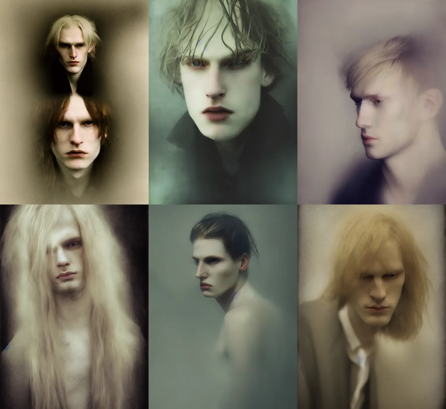 Prompt: out of focus photorealistic portrait of a beautiful pale young man by sarah moon, johan liebert mixed with alucard, center parted bangs fringe, angular face, long curly blond hair, very blurry, translucent white skin, closed eyes, foggy, closeup