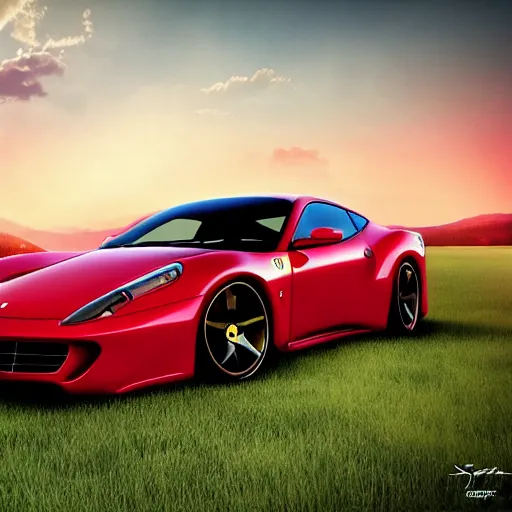 Image similar to cinematic fast sportscar reminiscent of ferrari and porsche in a lush field, shiny, red, beautiful lighting, photorealistic, sharp, sunset, by scott robertson