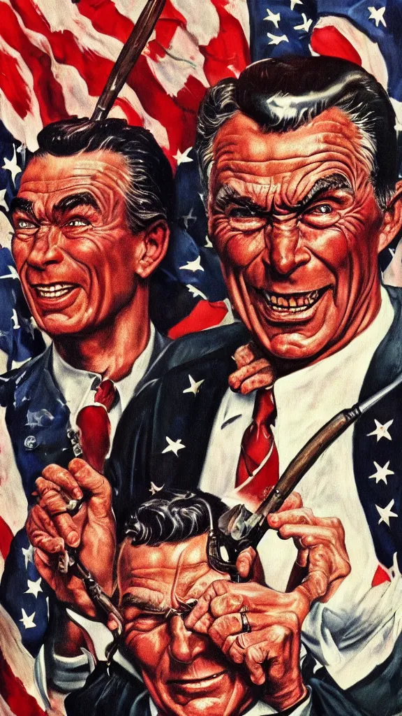 Prompt: satanic ronald regan, painting in the style of norman rockwell, 1 9 5 0 s, evil, satan, devil, demonic, demon, hyperrealistic, photorealistic, award - winning, 4 k, ultra hd, artstation, intricate, highly detailed, patriotic, american, usa, dark, gritty