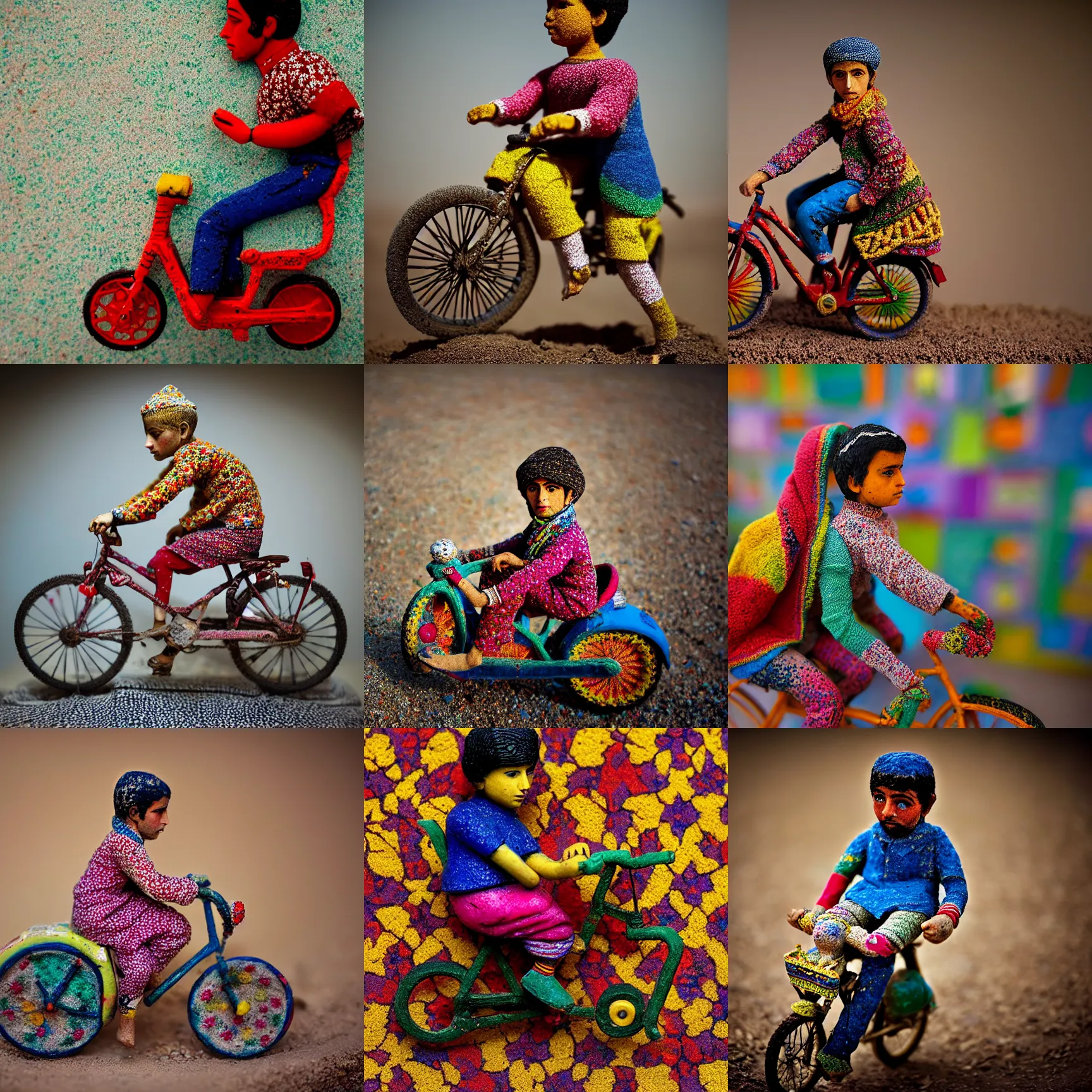 Prompt: portrait of a carpeted figurine of Iranian child on a bike, colourful, detailed, depth of field, intricate, delicate, by Jonas Jensen, Magnum photos