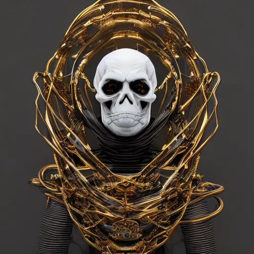 Image similar to portrait of an evil skull marble statue, black and gold wires, hightech, cyberpunk, by kim jung gi, irakli nadar, bright vivid colors, octane render, corona render