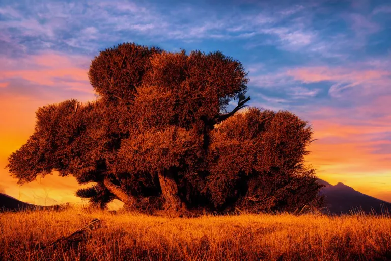 Image similar to A beautiful landscape photography of Ciucas mountains mountains, a dead intricate tree in the foreground, sunset, dramatic lighting by Anselm Adams and Albrecht Durer,