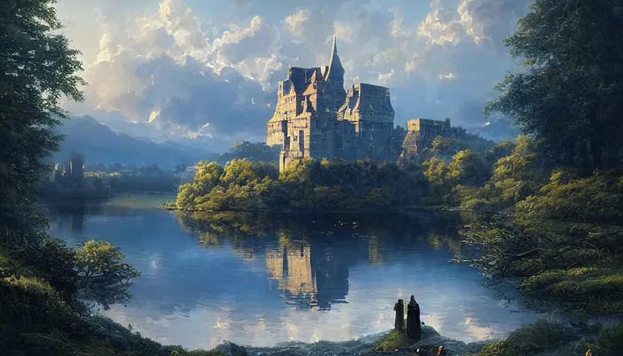 Prompt: portrait of a large lake with a castle surrounded by woodland, highly detailed, sunny, blue sky, cinematic lighting, highly angle, godrays, volumetric, photorealistic, digital art painting by greg rutkowski