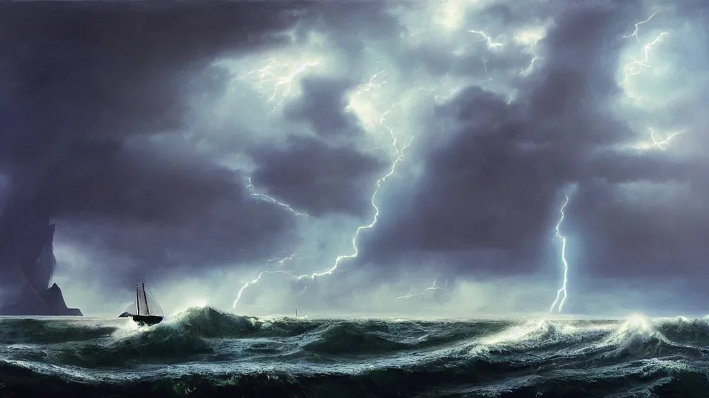 Prompt: small boat in the foreground. massive giant kitten coming out of a stormy sea, giant waves, lightning in background, intricate, detailed, volumetric lighting, sharp focus, scenery, photorealism, digital painting, highly detailed, concept art, roger dean, ruan jia, steve mccurry
