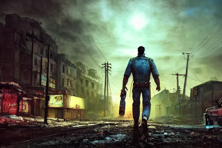 Image similar to fallout 5, adam sandler closeup, portrait, outdoors european cityscape, atmospheric lighting, painted, intricate, volumetric lighting, beautiful, daytime, winter, clear weather, mutated wildlife, sharp focus, deep colours, ultra detailed, art by william turner