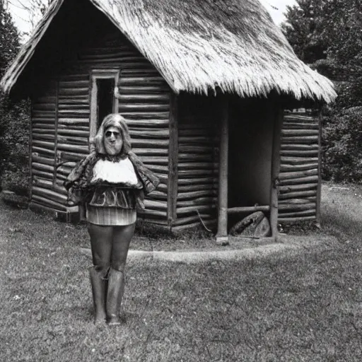 Image similar to A vintage photo of a witches hut with a witch standing on the Porch, 70s, vintage, old