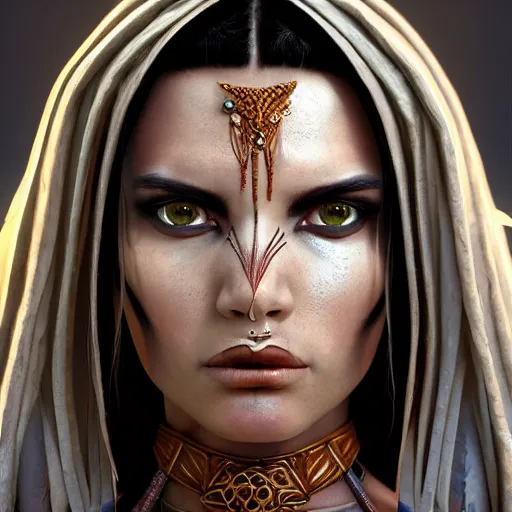 Image similar to A beautiful portrait of a female tribal warrior, inspired by d&d, slender symmetrical face and body, fantasy woman, octane render, 16k, 8k, high res, well rendered, art by John Howe and Keith Parkinson and Larry Elmore, trending on artstation, featured on behance