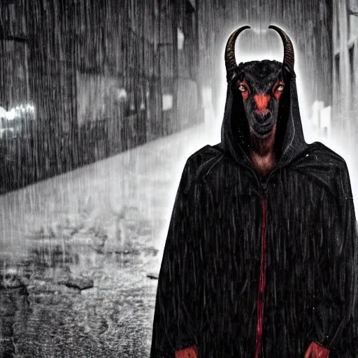 Prompt: A demonic goat man wearing a hood leaning on a wall in a dark alleyway during a rainstorm