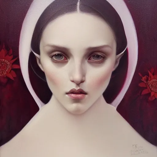 Prompt: tom bagshaw, soft painting of a curiosities carniva, beautiful nun blessing flowers in full dress, perfectly detailed, symmetrical intricate sensual features, highly detailed, artstation, sharp focus