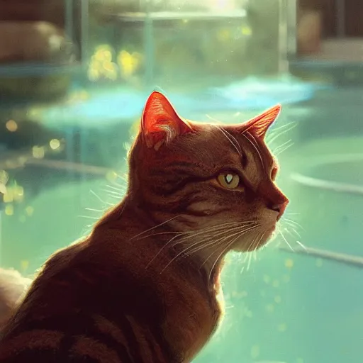 Image similar to closeup portrait of a cat sitting next to a swimming pool, bright, reflections, intricate, sharp focus, lens flare, bloom, illustration, highly detailed, digital painting, concept art, matte, art by ruan jia and wlop and greg rutkowski, masterpiece