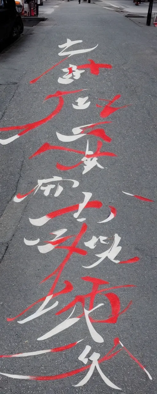 Prompt: a beautiful calligraphic kanji painted on the street, akira style, hyper realistic, natural light