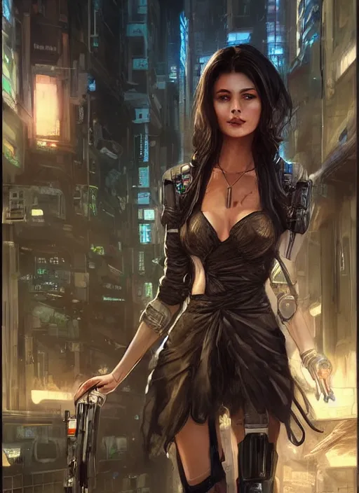 Image similar to a beautiful woman walking through a cyberpunk city, full body, realistic, highly detailed, science fiction portrait by laura sava