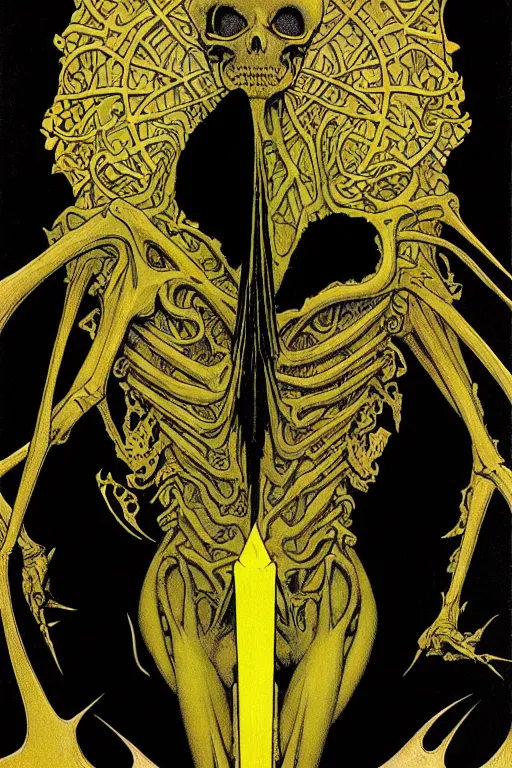 Prompt: black and yellow flat color, mucha, richard corben, wayne barlowe, moebius, heavy metal comic cover art, psychedelic triangular skeletal calcification fungus lich in darkiron spike armor, full body, hollow eyes, symmetrical face, long black crown, in a dungeon background, moody dark colors