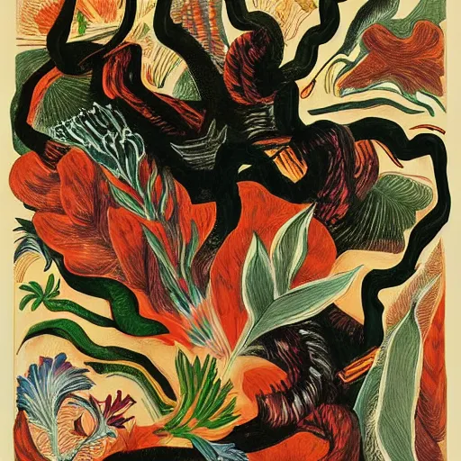 Image similar to highly detailed graphic poster depicting the end of the world, fire, done in the style of old botanical illustrations, matisse, caravaggio, basquiat, japanese art, 4 k