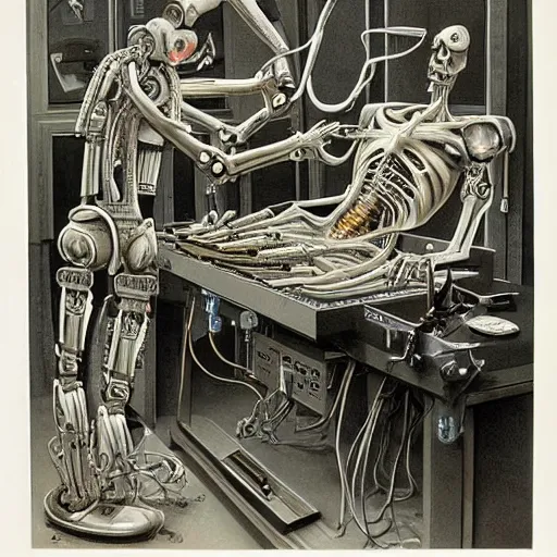 Image similar to a robot with a creepy smile laying on a surgeon's table performing an operation on itself, metal, intricate, by h. r. giger