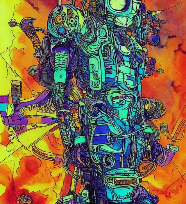 Prompt: a watercolor ink painting of a cybernertic punk / raver in the style of jean giraud in the style of moebius trending on artstation deviantart pinterest detailed realistic hd 8 k high resolution