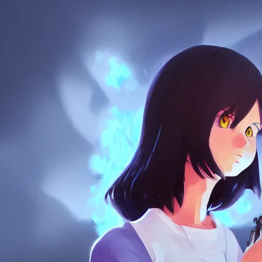 Image similar to a child with dark grey skin, blue eyes and short brown hair holding fire, highly detailed, digital painting, artstation, matte, by makoto shinkai, animation style