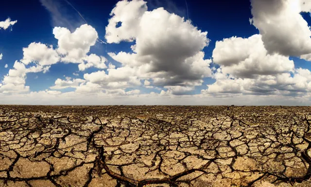 Image similar to panorama of big raindrops flying upwards into the perfect cloudless blue sky from a dried up river in a desolate land, dead trees, blue sky, hot and sunny highly-detailed, elegant, dramatic lighting, artstation, 4k, cinematic landscape, photograph by National Geographic