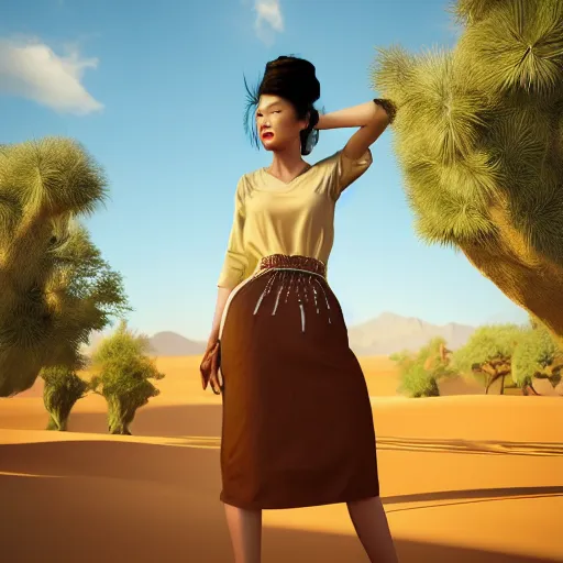 Image similar to innovative avant-garde art, deco fashion, asian women, wearing skirt, highly detailed, photo-realistic portrait, serene desert setting, golden hour, crisp quality and light reflections, unreal engine 5 quality render