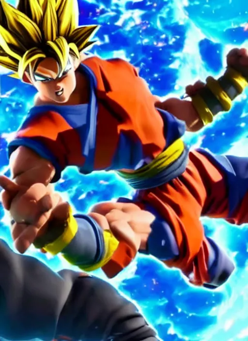 Image similar to game still of a sayan goku as a fortnite skin in fortnite, pose.