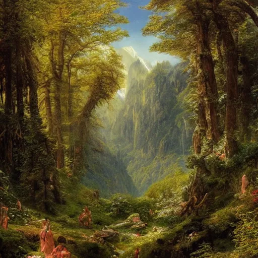 Prompt: a beautiful and highly detailed matte painting of a dreamy valley deep in the foresty mountains, epic forests, rivers, trees, flowers, crystals, intricate details, epic scale, insanely complex, 8 k, sharp focus, hyperrealism, very realistic, by caspar friedrich, albert bierstadt, james gurney, brian froud,