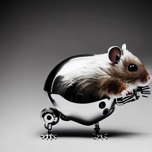 Prompt: uhd candid photo of a metal hamster cyborg android robot. photo by annie leibowitz