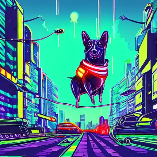 Image similar to a cyberpunk corgi in a futuristic city, flying cars, neon lights, synthwave, digital illustration