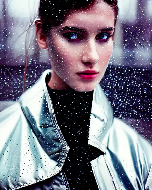 Image similar to detailed portrait kodak portra 800; grainy film European Pretty Young Girl Storm Rain bladerunner movie Reflective jacket coat, Futuristic sci-fi fashion, royal attire Perfect face, fine details, realistic shaded, fine-face, pretty face