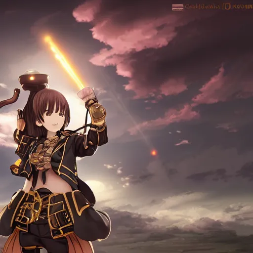 Prompt: smug anime girl with steampunk armor slicing in half a training dummy with a steampunk sword, extremely detailed, cinematic lighting, low angle, particles, clouds, trees,