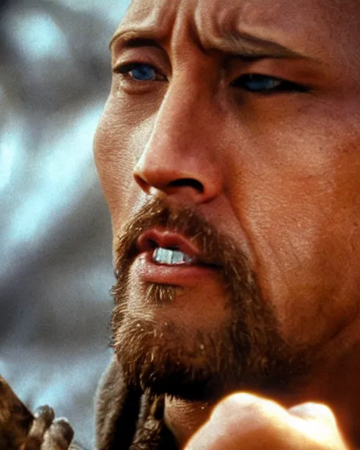 Image similar to Film still close-up shot of Dwayne Johnson as Obi-Wan Kenobi from the movie Return of the Jedi. Photographic, photography