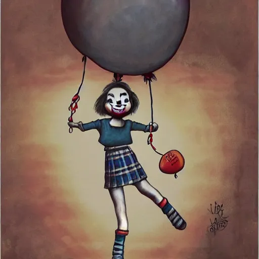 Image similar to grunge cartoon painting of a little girl playing witha jump rope with a wide smile and a red balloon by chris leib, loony toons style, pennywise style, horror theme, detailed, elegant, intricate